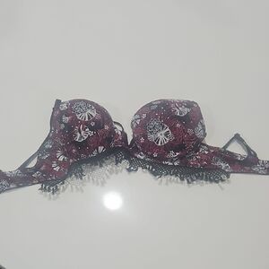 Women's Burgundy Floral Lace Trim Push-Up Bra Padded 34B